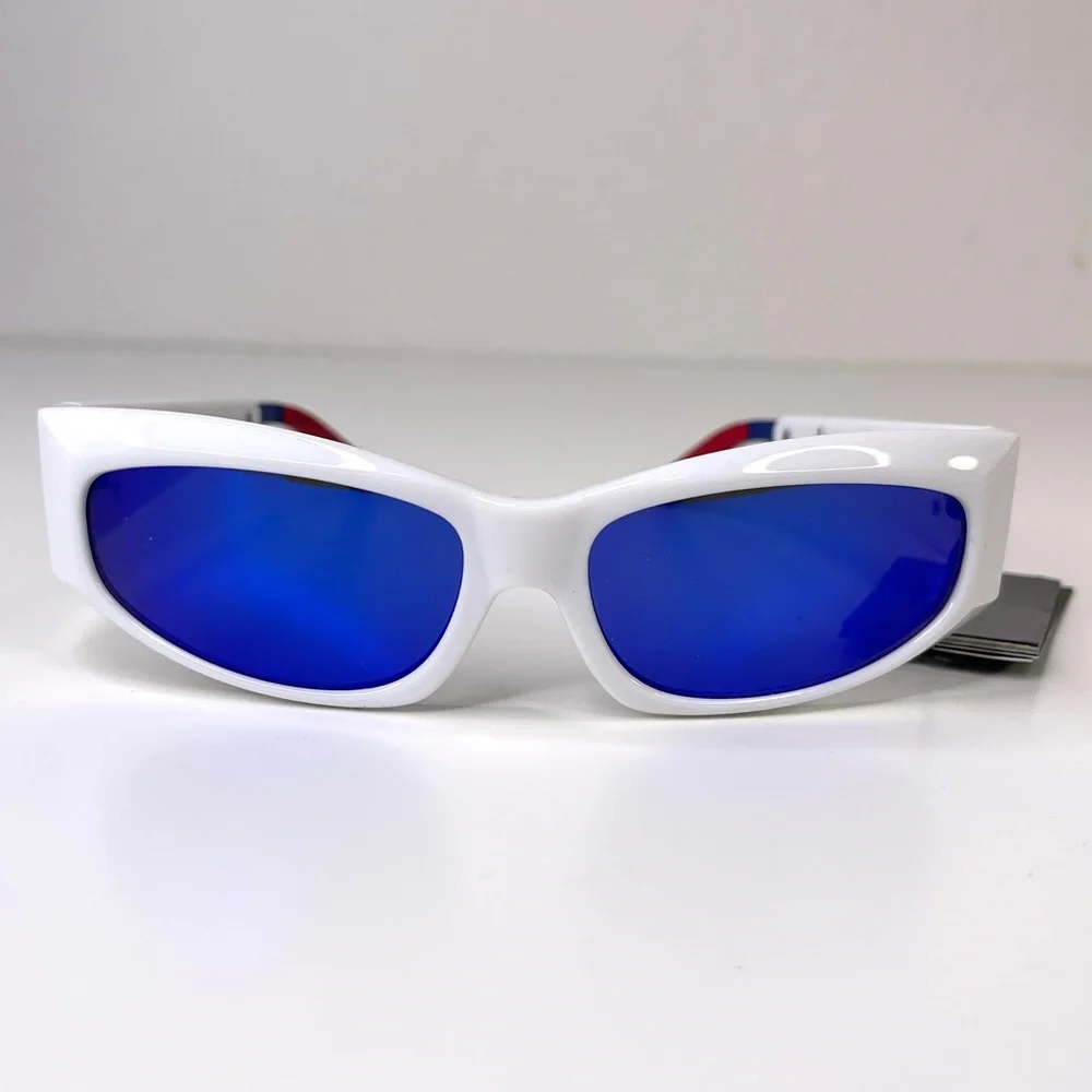 LE SPECS Adam Selman The Edge Sunglasses NEW White WIth Blue Mirror Lenses